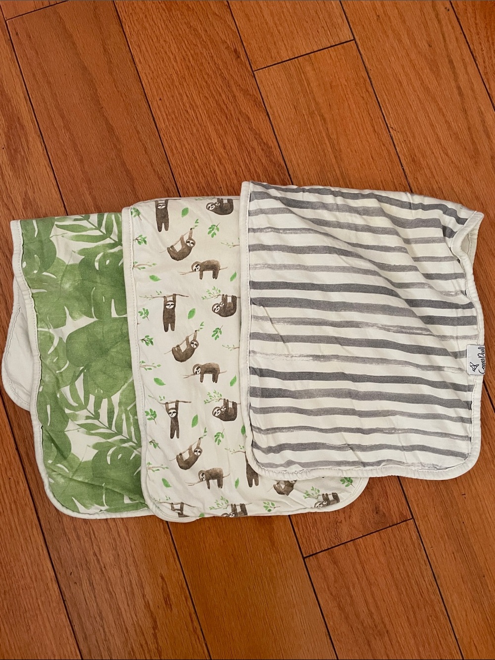 Neutral Sloth & Stripe Baby Burp Cloth Set - White, Gray & Green